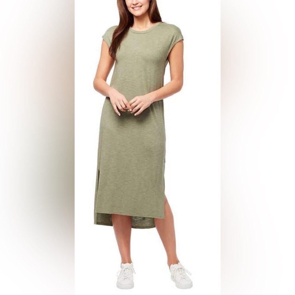 Jessica Simpson Olive Green T-Shirt Midi Dress Slub Knit Casual Travel Comfort M